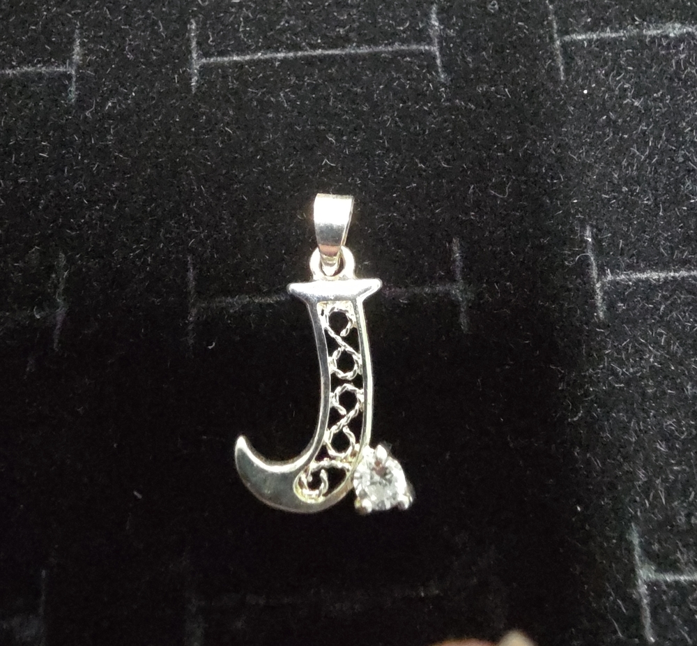 Sterling Silver 'J' Initial Pendant with Cubic Zirconia Accent - Silver